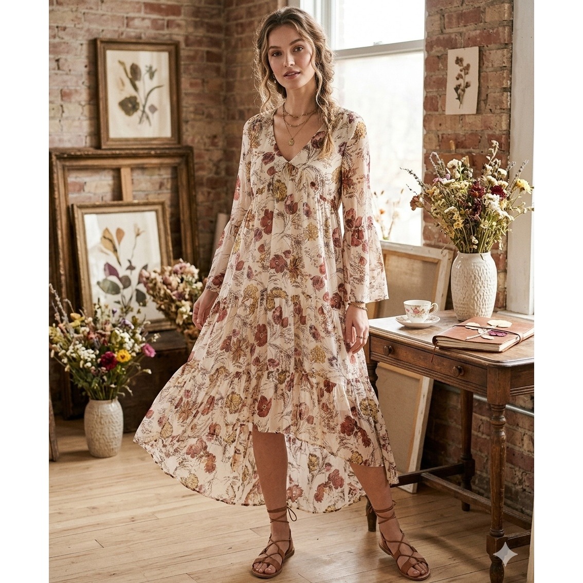 Whimsical High Low Dress Cream Floral Cottagecore Boho Festival Oversized Xs